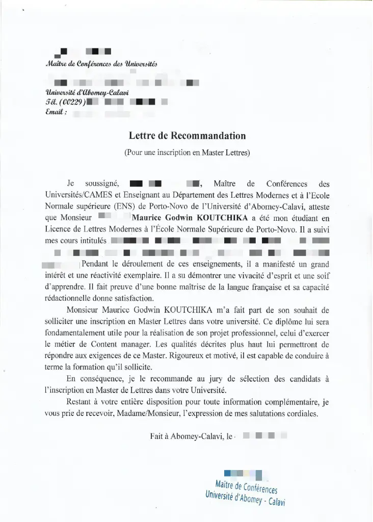 Mon Exemple de Lettre de recommandation pour la bourse Eiffel